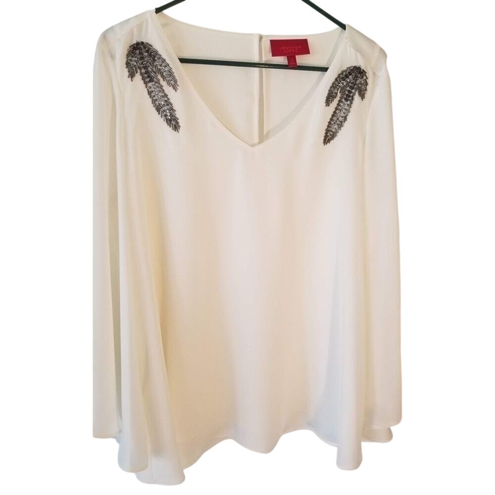 Jennifer Lopez White Chiffon Bell Sleeve Beaded Feather Blouse Top